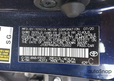 2021 Toyota Corolla Le from USA, damaged, VIN JTDEPMAE6MJ132652